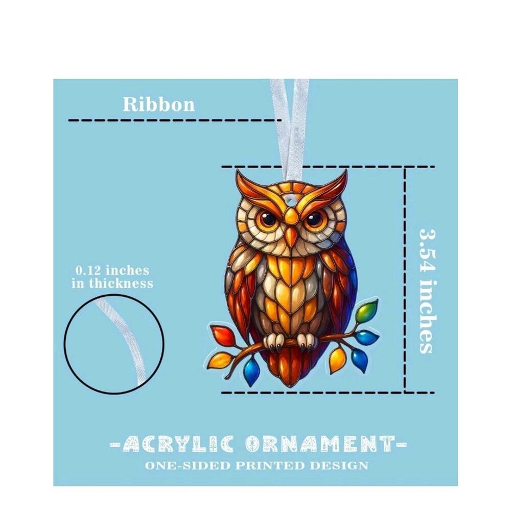 Owl Christmas Ornament Acrylic - Stained Glass Style Bird Decoration box 1 - Picture 2 of 5